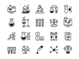 Chemistry icons. Chemical lab. Science research. Laboratory test tube. Scientific equipment like beaker and glass flask. microscope. Genome chromosomes diagnostic. Vector pictograms set