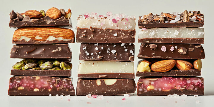 melted, chocolate, stacked, bar, stacking, chocolate barks, barks, chocolate bars, different, flavors, toppings, toasted, coconut, almond, pink, sea salt, crystal, salt, grain, hazelnut, berries, oran