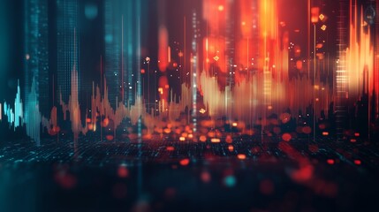 Abstract digital sound waves and visual patterns create a dynamic atmosphere in a futuristic setting