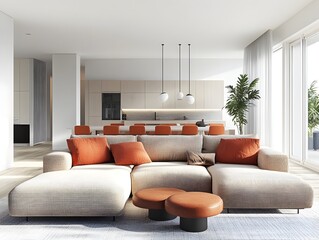 Sophisticated and Stylish Modern Living Space with Plush L Shaped Couch and Chic Color Accent Pieces
