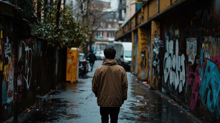 Urban Walk in Gritty Street with Graffiti Art