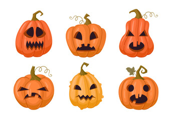 Spooky carved pumpkin faces. Cartoon Halloween pumpkins, holiday pumpkins jack-o-lantern decorations flat vector illustration set. Scary Halloween gourd ghost faces