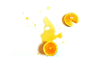 Naklejka premium Half orange, its extract splashed on the white background and slice with smile format 