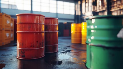 Barrels of Liquid Hazardous Waste in a Warehouse