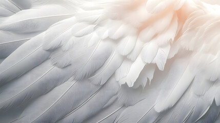 Obraz premium Closeup, white and feathers background for peace, calm and spirituality for God, religion and hope. Ai generated, feather and bird plumage for creative banner, texture or detail space for angel faith