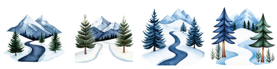 Obraz premium Four scenic winter landscapes with snow-covered mountains and a winding river, ideal for die-cut designs.