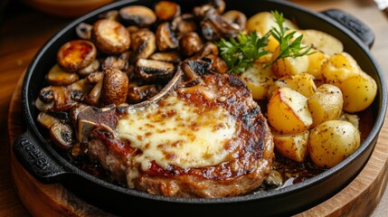 A delicious meal of crispy pork chop, pan-fried mushrooms, melted cheese, and boiled potatoes served on a wooden table.