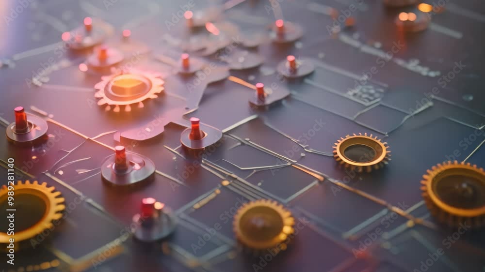 Poster abstract video of gears and switches on a digital backdrop, abstract representation of operational p