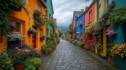 Fototapeta premium vibrant narrow street in kinsale ireland colorful townhouses with flower boxes cobblestone path quaint shops warm sunlight