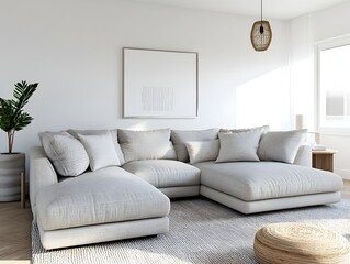 Fototapeta premium A 3D rendered image of a cozy and inviting modern living room featuring a large comfortable sectional sofa minimalist and stylish decor bright natural lighting mid century modern aesthetic