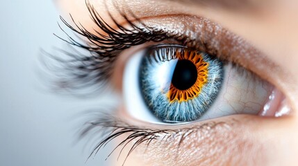 Close-up view of a human eye showcasing vibrant blue and orange colors, detailed eyelashes, and intricate textures.
