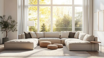 Fototapeta premium Cozy and inviting modern living room with a large comfortable sectional sofa and minimalist stylish decor The bright natural light filters through the large windows creating a warm