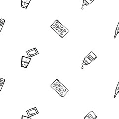 Simple black and white seamless pattern with pills, nasal drops and medicinal tea icon. Editable vector background related to diseases, flu, coronavirus, epidemic and quarantine