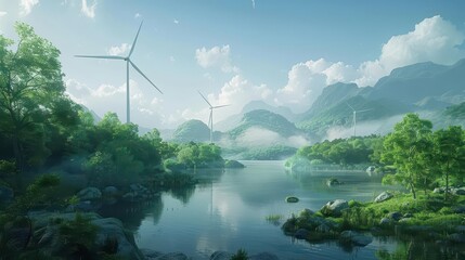 Wind turbines in a serene lakeside setting, with the turbines reflected in the calm waters and surrounded by lush greenery, creating a peaceful and tranquil atmosphere