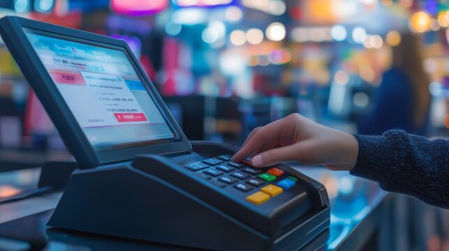 A person using a payment terminal with a colorful, blurred background, indicating a busy shopping environment.