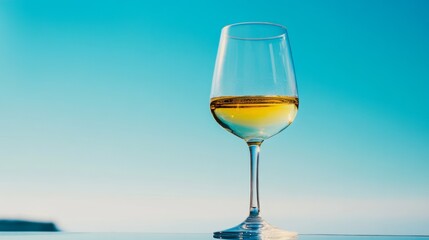 A glass of wine sits on a table, against a blue sky. The scene is in Athens, Greece.