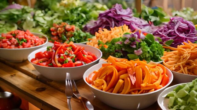 Fresh salads with tomatoes, peppers, cucumbers, and onions are on a wooden table, An abundance of salad ingredients