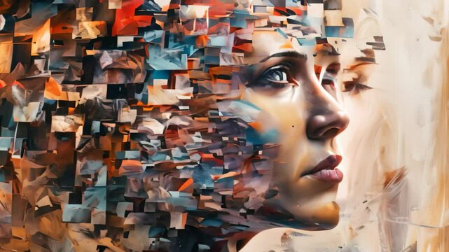 Digital art of abstract memory: a womans face in geometric shapes, An abstract representation of the process of memorizing information