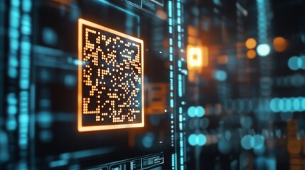 A glowing QR code surrounded by abstract digital patterns, symbolizing technology and information connectivity.