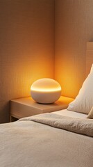 Cozy bedside ambiance with a glowing orb lamp in a serene bedroom setting at night