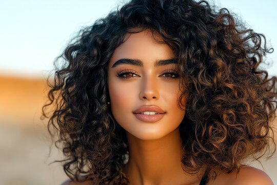 A close-up portrait of a woman with curly hair, her natural beauty emphasized by the soft, golden sunset light