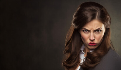 Fototapeta premium The photo shows a young woman with a serious and displeased expression on her face. Her eyebrows are furrowed, her lips are pressed into a tight line, her eyes look angry, 