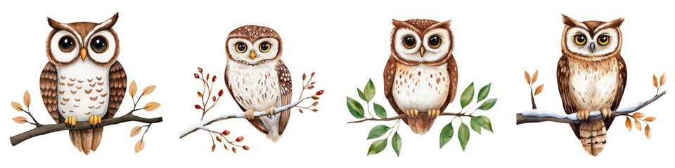 Obraz premium A collection of four colorful owls perched on branches with autumn leaves, white isolated background.