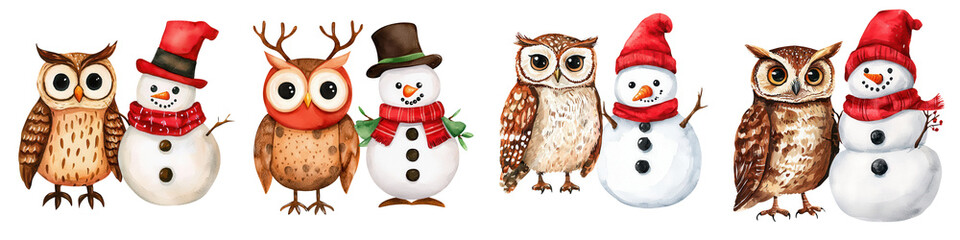 Fototapeta premium A festive collection of cute owls and snowmen in winter hats, perfect for seasonal decorations and crafts.