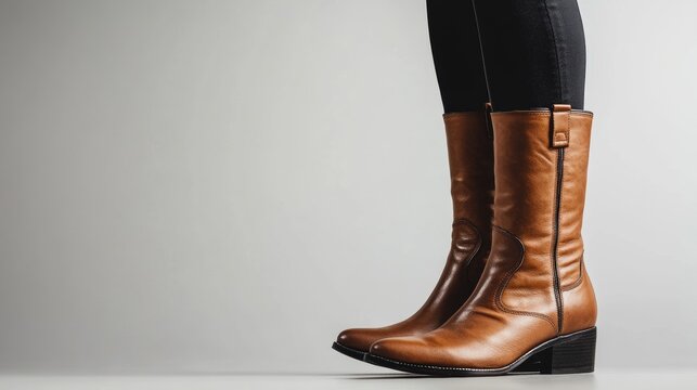 A pair of stylish leather boots for women, shown from the side, against a plain white background. You can see the boots up close.