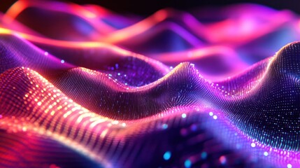 Abstract gradient wave of hologram particles, glowing with neon energy. Fluid motion and futuristic tech elements create a modern digital wallpaper