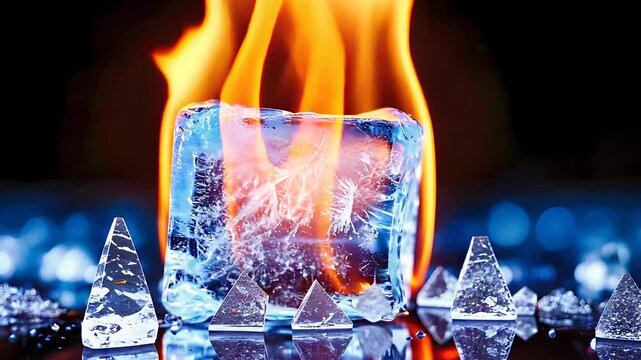 Burning ice cube concept, symbolizing the contrast between fire and ice, heat and cold, with glowing light reflections.

