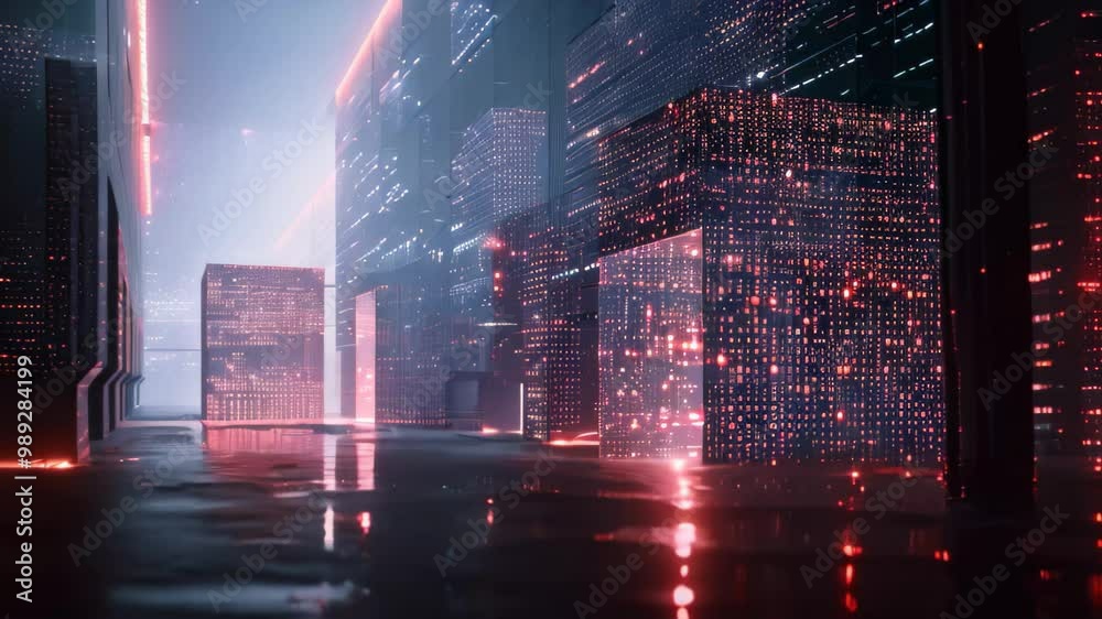 Poster a digital art visualization of data encryption, depicting a futuristic city with glowing structures 