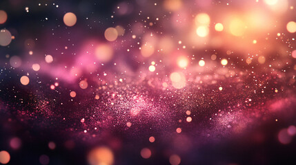 Fototapeta premium Abstract bokeh of red, pink, and purple gold glow particles on a dark background with copy space, creating a mesmerizing and dreamy visual effect