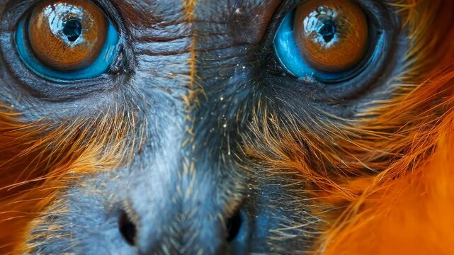 Stunning close-up of a vibrant orange monkey with striking blue eyes in its natural habitat