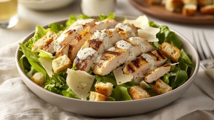 A refreshing salad with crisp lettuce, crunchy croutons, and flavorful grilled chicken. It's topped with creamy Caesar dressing and sprinkled with savory Parmesan cheese.