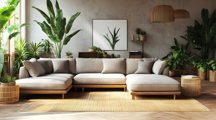 Cozy and Inviting Modern Living Room with Comfortable Sectional Sofa Minimalist Earthy Tones Natural Wood and Rattan Furnishings Abundance of Indoor Plants and Warm Bright