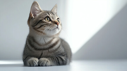 A curious gray tabby cat observes light patterns in a sunlit room during a peaceful afternoon