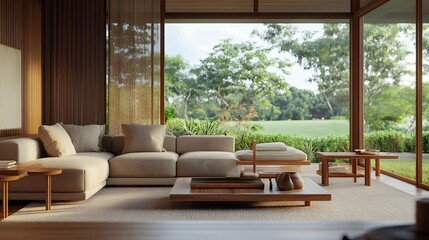 Cozy and contemporary living room with panoramic garden view and natural elements featuring comfortable modern furniture minimalist wooden decor