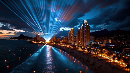 Fototapeta premium City Lights and Laser Show Over Beach at Night