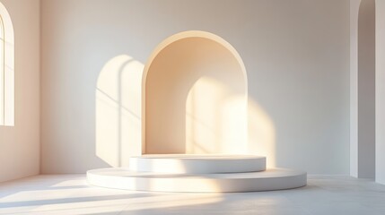 Minimalist white room with round podium and archway, sunlight streaming in.