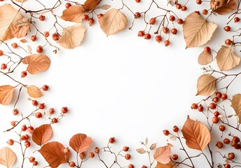 Autumn Leaves & Berries Frame White Background