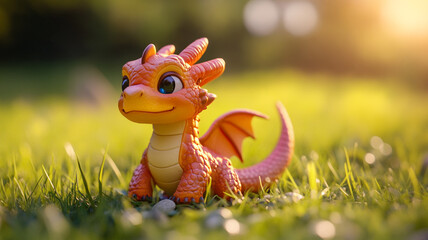 Small orange dragon toy plays on green grass under warm sunlight in the afternoon
