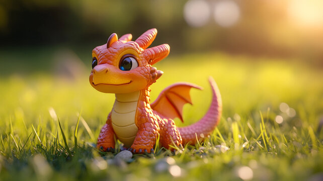 Small orange dragon toy plays on green grass under warm sunlight in the afternoon