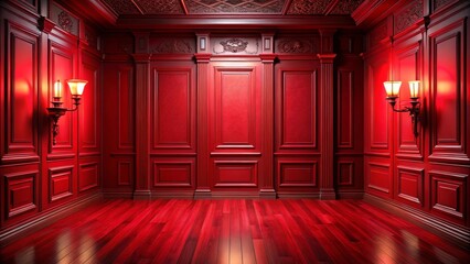 Classic luxurious empty red room with wooden panels on the walls and parquet on the floor