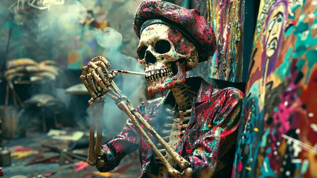 A whimsical yet macabre scene showcasing a skeleton wearing a stylish beret and casually smoking a cigarette, blending humor and darkness in a playful composition.