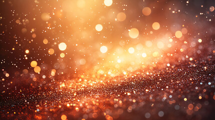 Abstract bokeh of red, pink, and purple gold glow particles on a dark background with copy space, creating a mesmerizing and dreamy visual effect