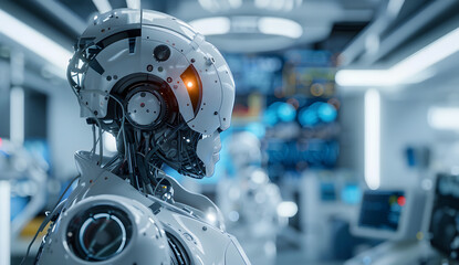 Fototapeta premium A humanoid robot is focused on tasks in a modern laboratory filled with technology. Generative by AI