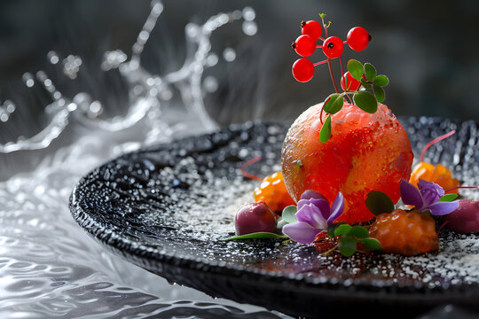 Naklejki Vibrant edible sphere on textured black plate: captivating molecular cuisine. Generative by AI