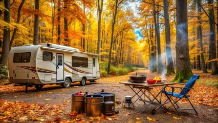 Cooking thanksgiving dinner at campsite with camper van in the background in beautiful autumn forest