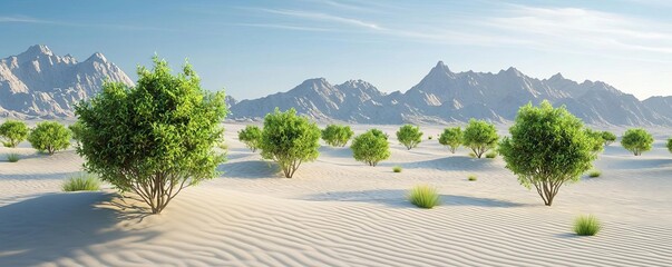 Desert landscape with sparse vegetation and distant mountains under clear blue sky.